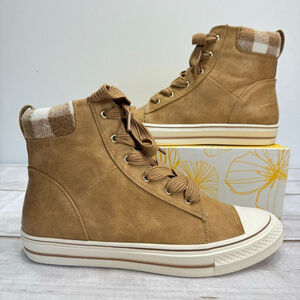 Yellow Box Valter High Top Plaid Trim Lace Up Sneakers in Sand Faux Leather
